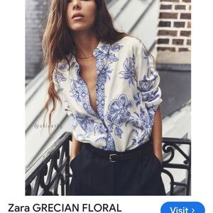 Zara White Blouse with Blue Floral Design
